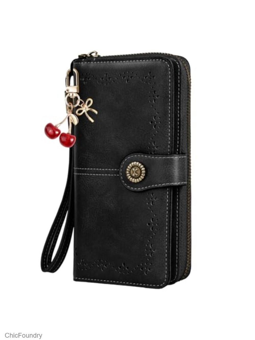Womens Wristlet Wallet PU Leather Bifold 12 Card Slots Clutch with Cherry Charm